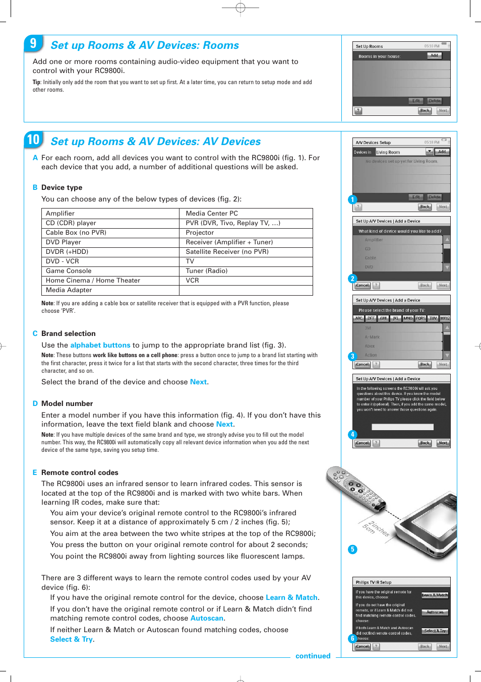 Set up rooms & av devices: rooms, Set up rooms & av devices: av devices | Philips RC9800i User Manual | Page 4 / 6