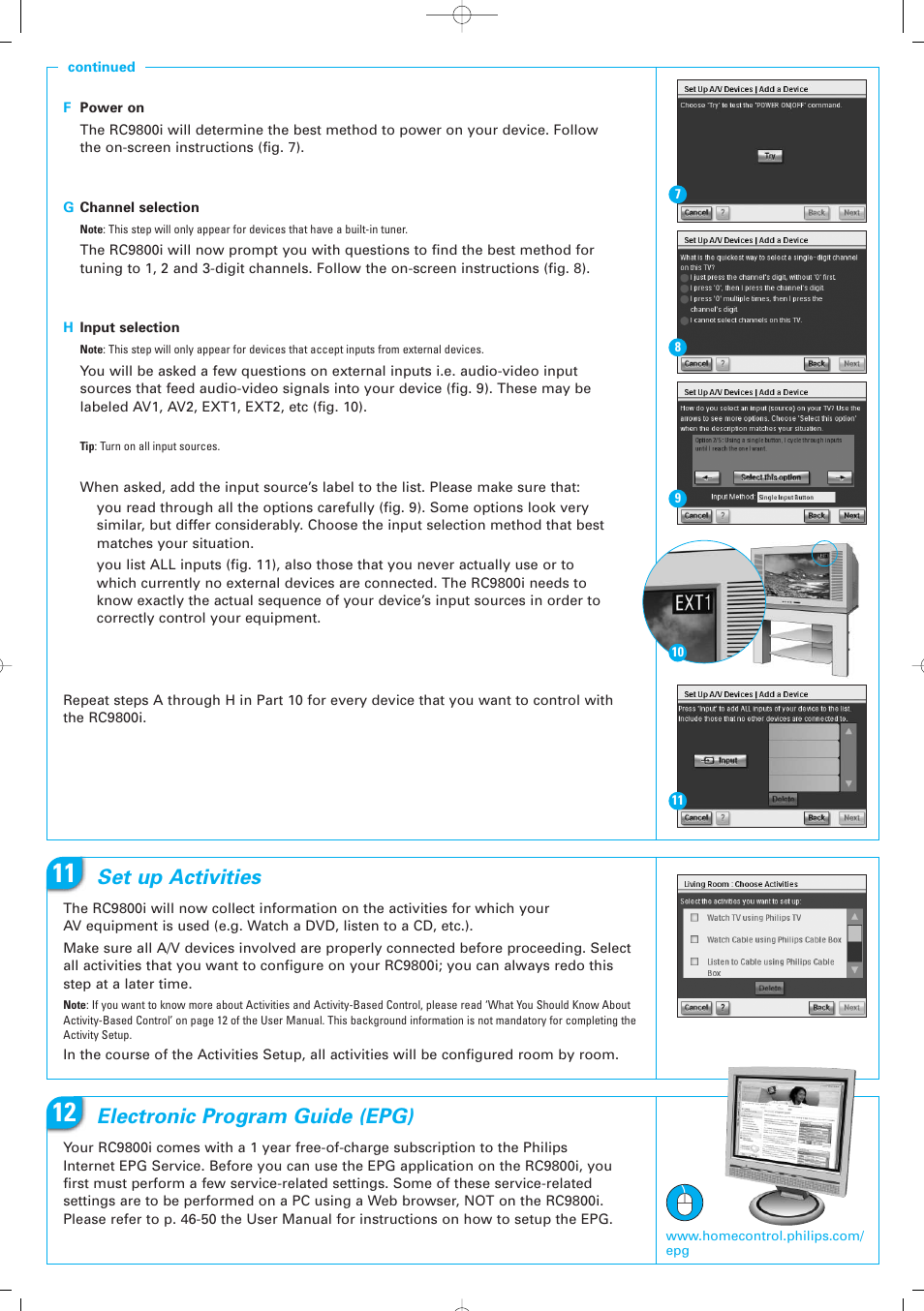 Set up activities, Electronic program guide (epg) | Philips RC9800i User Manual | Page 5 / 6