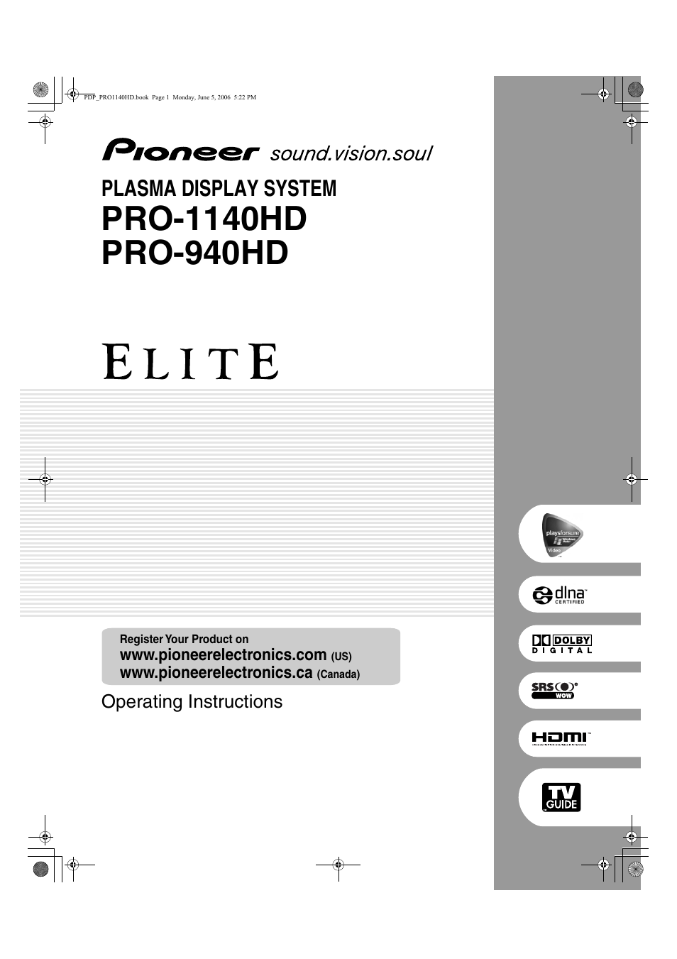 Pioneer Elite PureVision PRO 1140HD User Manual | 118 pages