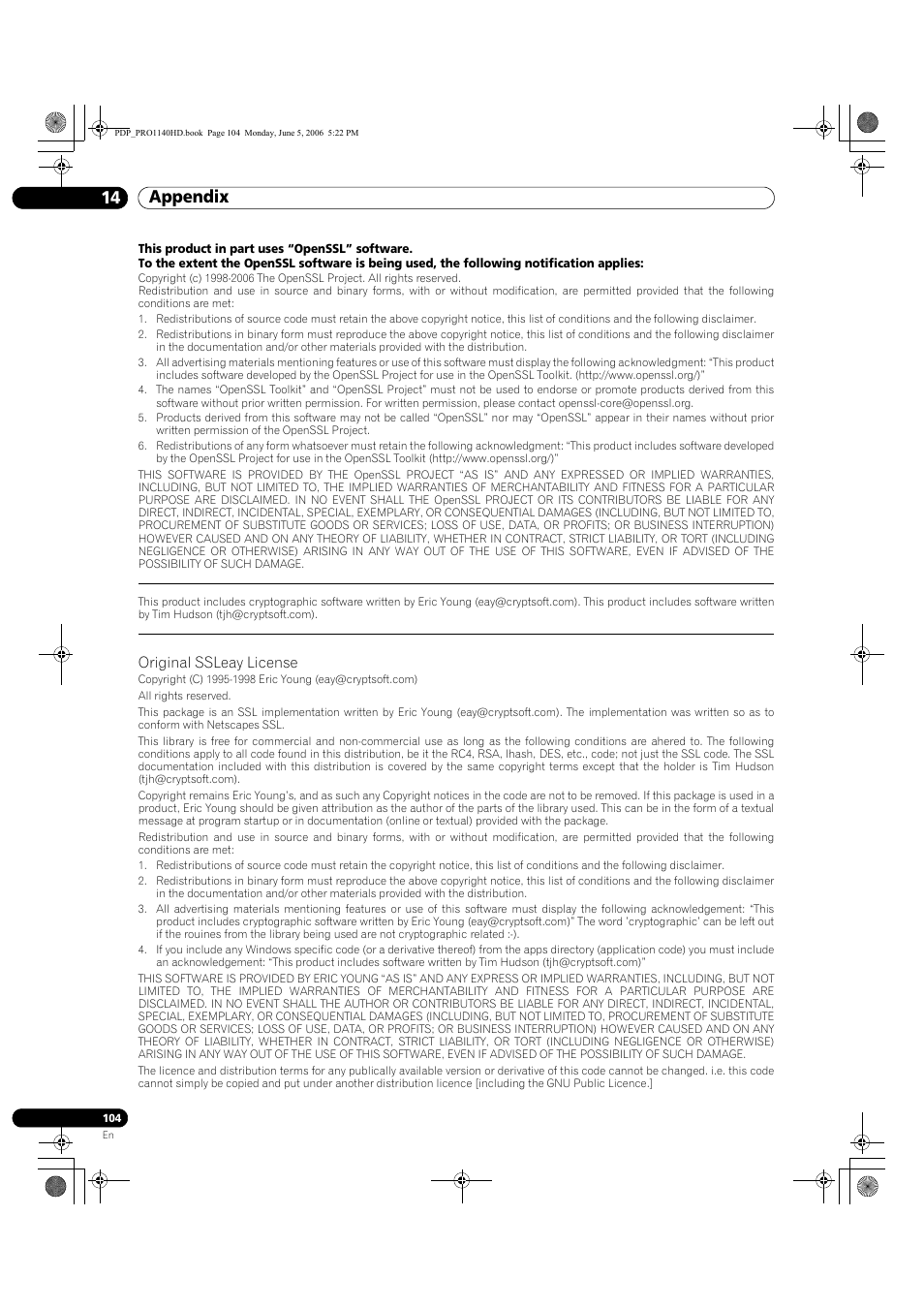 Appendix 14, Original ssleay license | Pioneer Elite PureVision PRO 1140HD User Manual | Page 104 / 118