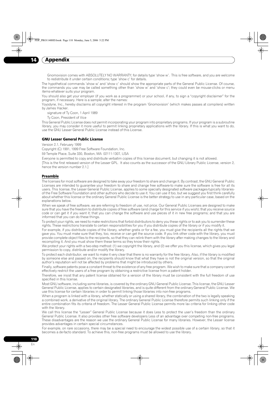 Appendix 14 | Pioneer Elite PureVision PRO 1140HD User Manual | Page 110 / 118