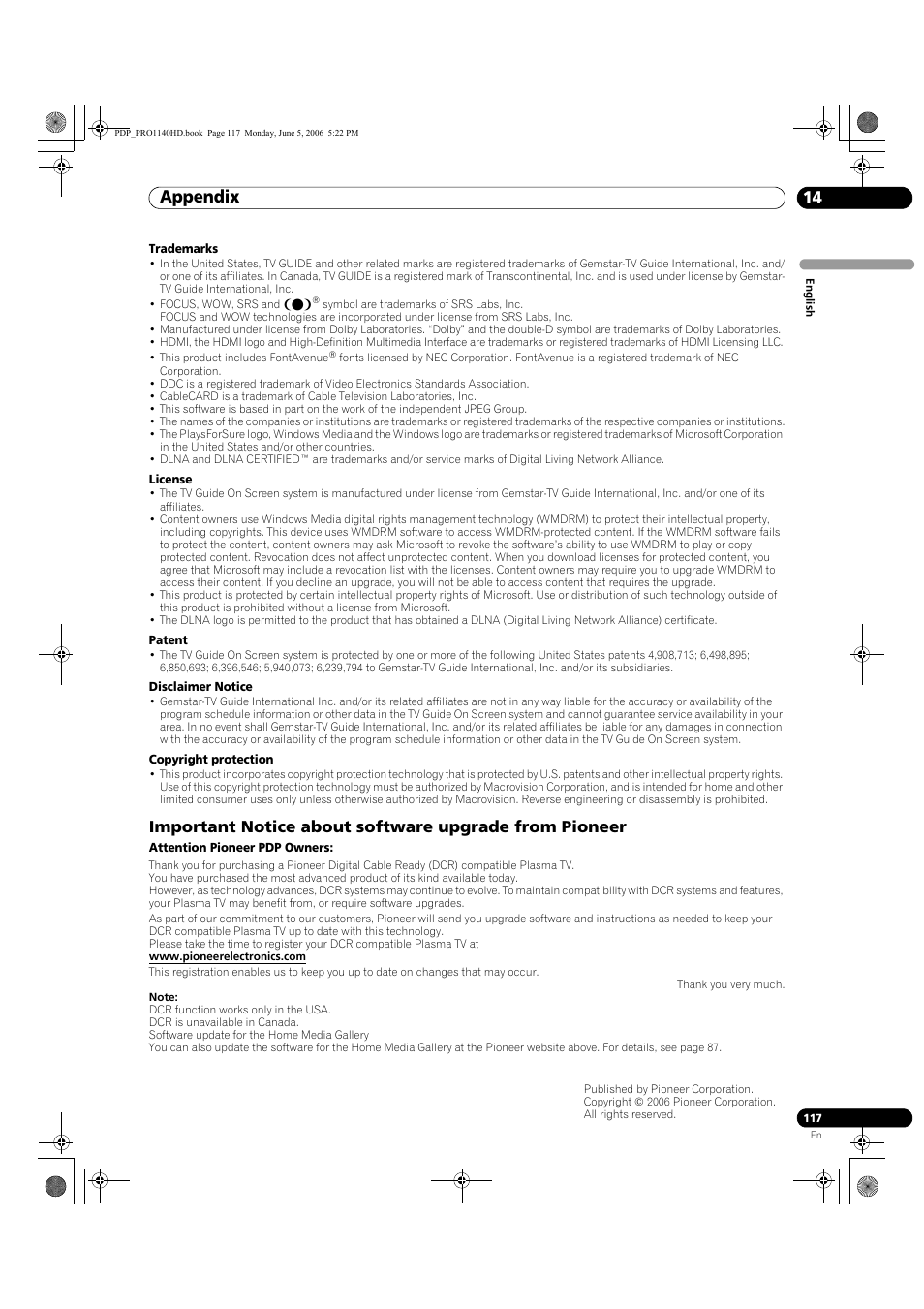 Appendix 14 | Pioneer Elite PureVision PRO 1140HD User Manual | Page 117 / 118