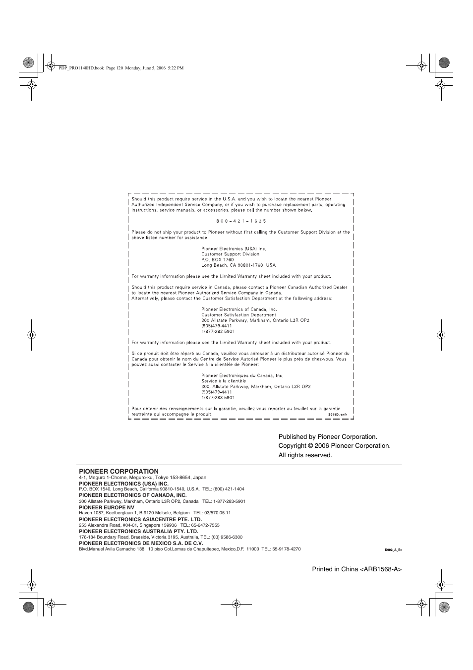 Pioneer Elite PureVision PRO 1140HD User Manual | Page 118 / 118