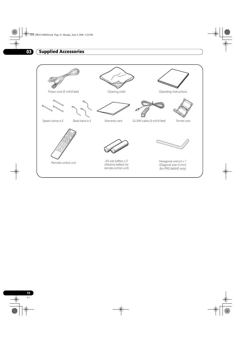 03 supplied accessories, Supplied accessories 03 supplied accessories | Pioneer Elite PureVision PRO 1140HD User Manual | Page 12 / 118