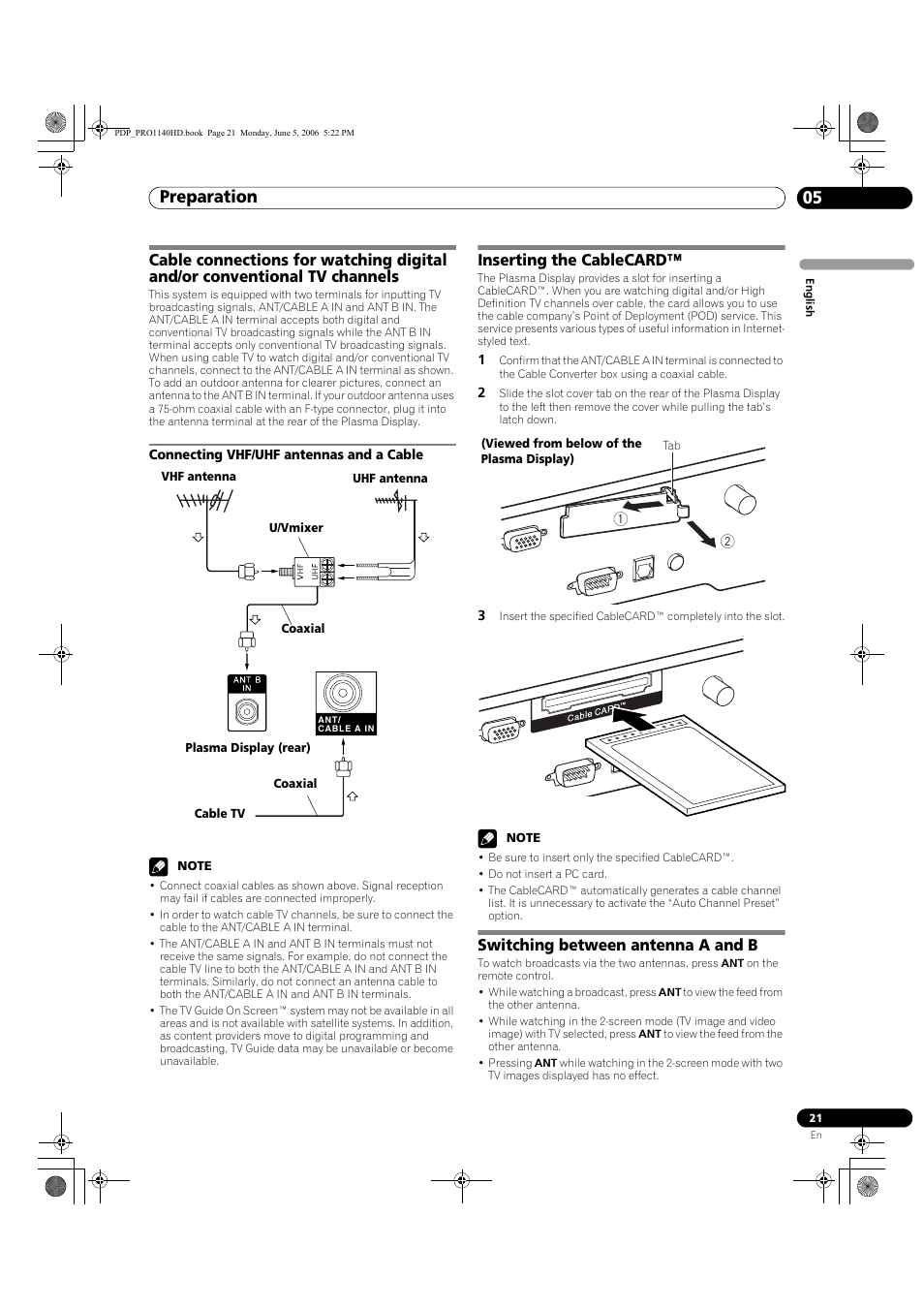 Connecting vhf/uhf antennas and a cable, Preparation 05, Inserting the cablecard | Switching between antenna a and b | Pioneer Elite PureVision PRO 1140HD User Manual | Page 21 / 118