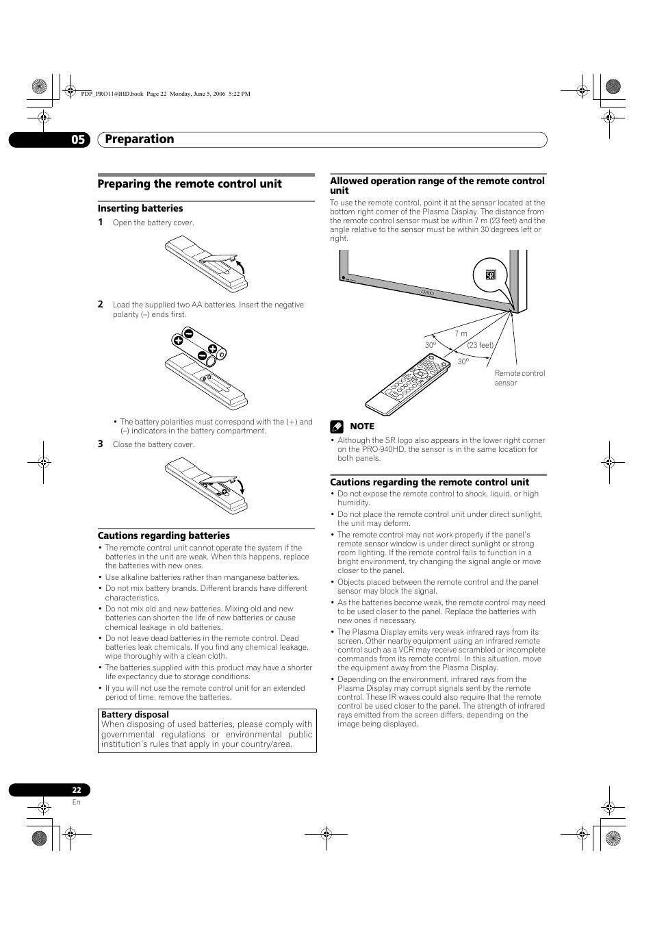 Preparing the remote control unit, Preparation 05 | Pioneer Elite PureVision PRO 1140HD User Manual | Page 22 / 118