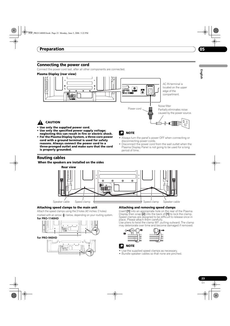 Connecting the power cord routing cables, Preparation 05, Connecting the power cord | Routing cables | Pioneer Elite PureVision PRO 1140HD User Manual | Page 23 / 118