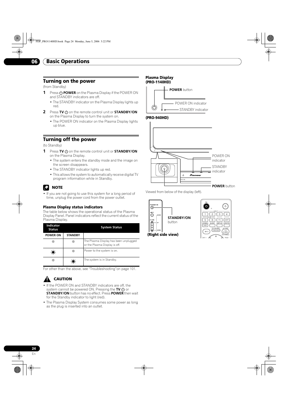 06 basic operations, Turning on the power turning off the power, Basic operations 06 basic operations | Turning on the power, Turning off the power | Pioneer Elite PureVision PRO 1140HD User Manual | Page 24 / 118