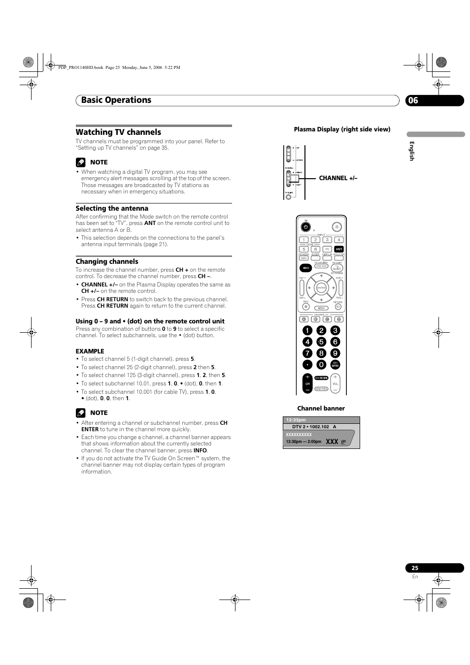 Watching tv channels, Selecting the antenna changing channels, Basic operations 06 | Pioneer Elite PureVision PRO 1140HD User Manual | Page 25 / 118