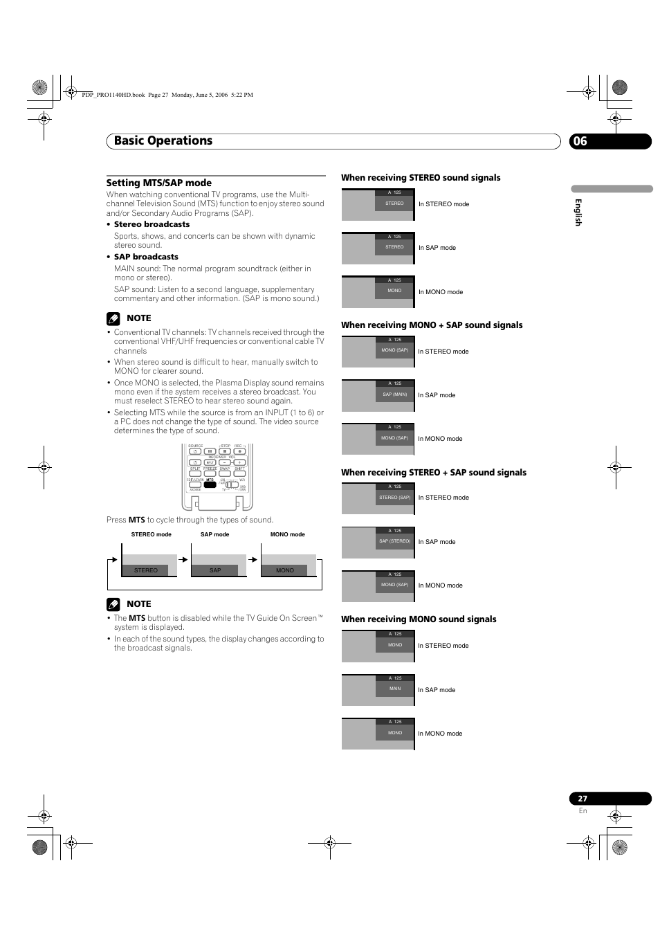 Setting mts/sap mode, Basic operations 06 | Pioneer Elite PureVision PRO 1140HD User Manual | Page 27 / 118