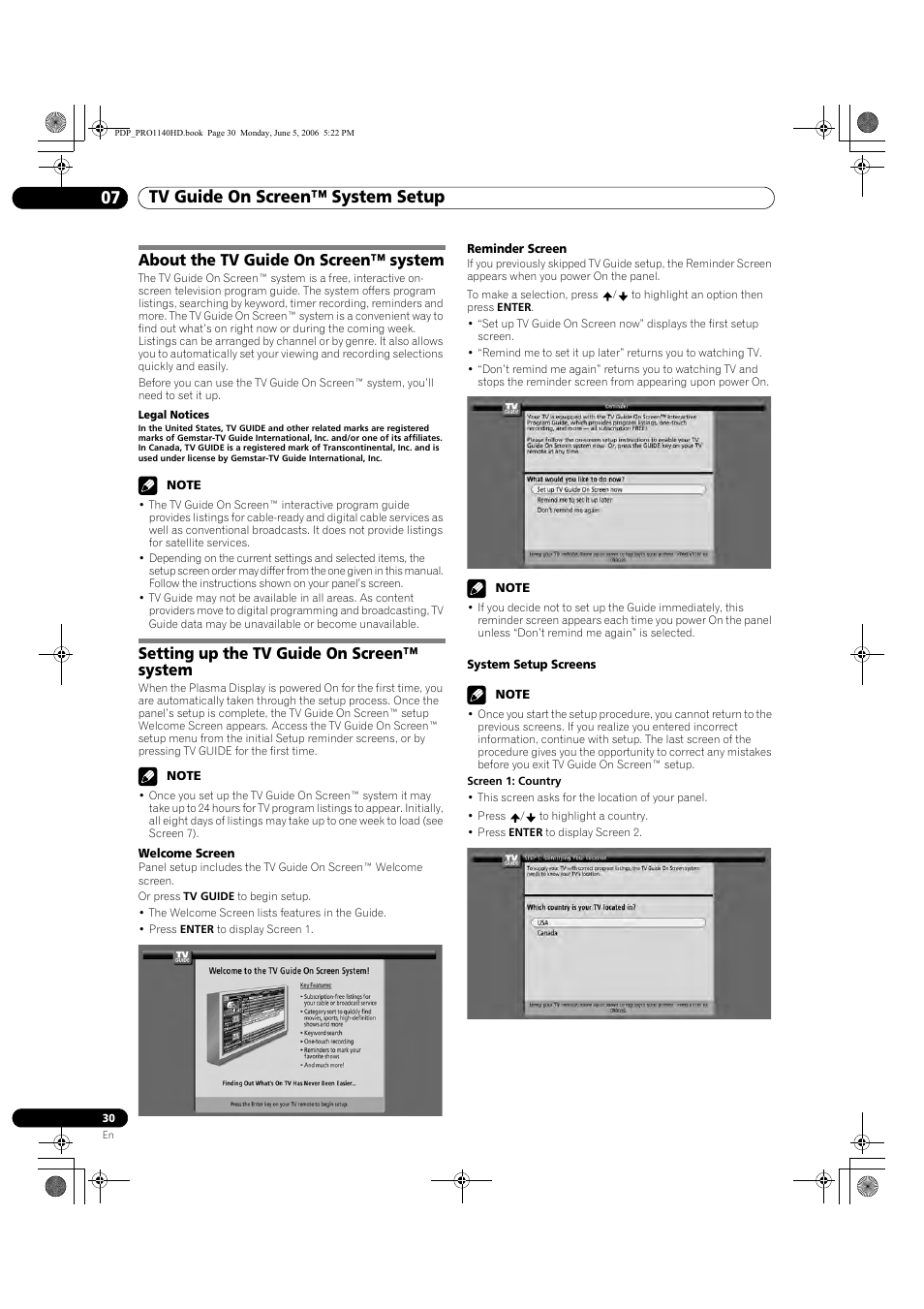 07 tv guide on screen™ system setup, About the tv guide on screen™ system, Setting up the tv guide on screen™ system | Pioneer Elite PureVision PRO 1140HD User Manual | Page 30 / 118