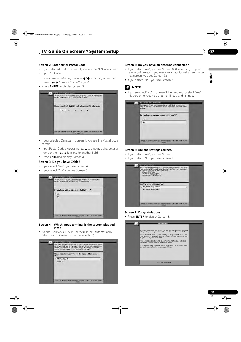 Tv guide on screen™ system setup 07 | Pioneer Elite PureVision PRO 1140HD User Manual | Page 31 / 118