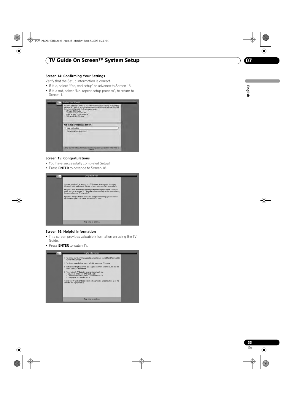 Tv guide on screen™ system setup 07 | Pioneer Elite PureVision PRO 1140HD User Manual | Page 33 / 118