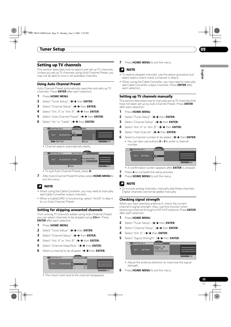 09 tuner setup, Setting up tv channels, Tuner setup 09 | Tuner setup, Using auto channel preset, Setting for skipping unwanted channels, Setting up tv channels manually, Checking signal strength | Pioneer Elite PureVision PRO 1140HD User Manual | Page 35 / 118