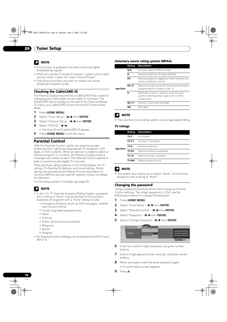 Checking the cablecard id, Parental control, Changing the password | Tuner setup 09 | Pioneer Elite PureVision PRO 1140HD User Manual | Page 36 / 118