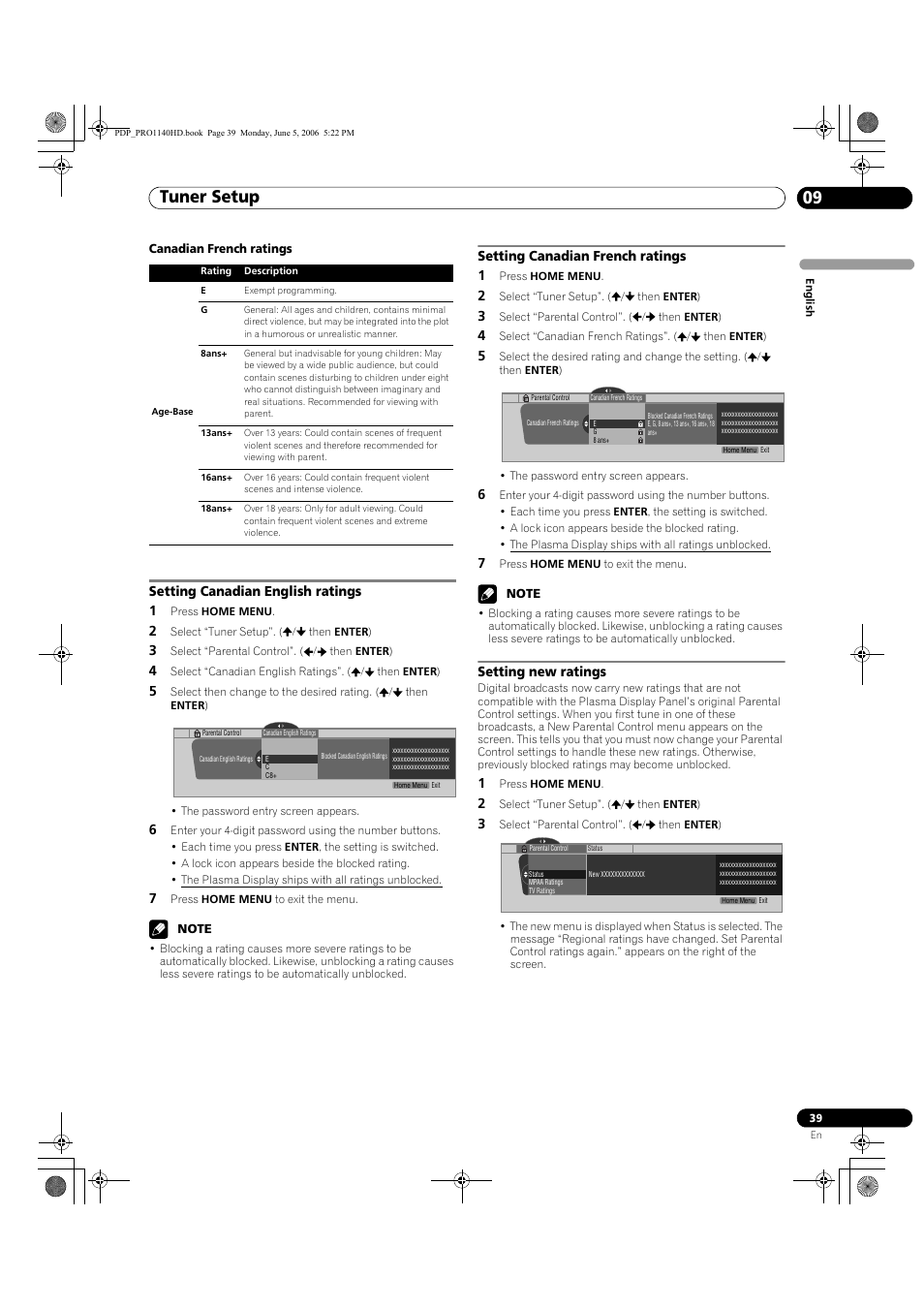 Tuner setup 09, Setting canadian english ratings 1, Setting canadian french ratings 1 | Setting new ratings | Pioneer Elite PureVision PRO 1140HD User Manual | Page 39 / 118