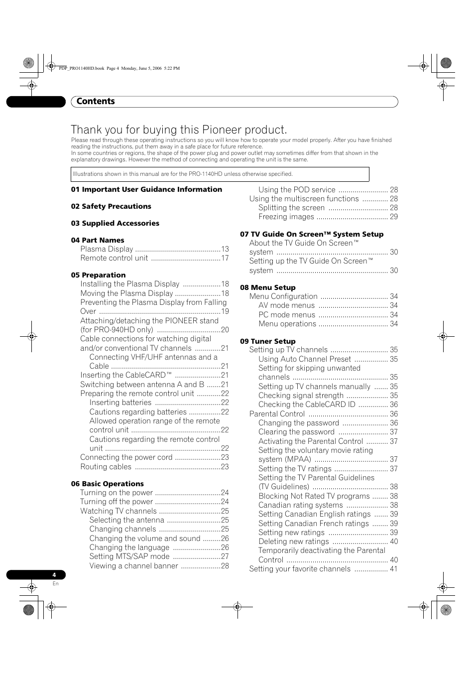 Pioneer Elite PureVision PRO 1140HD User Manual | Page 4 / 118