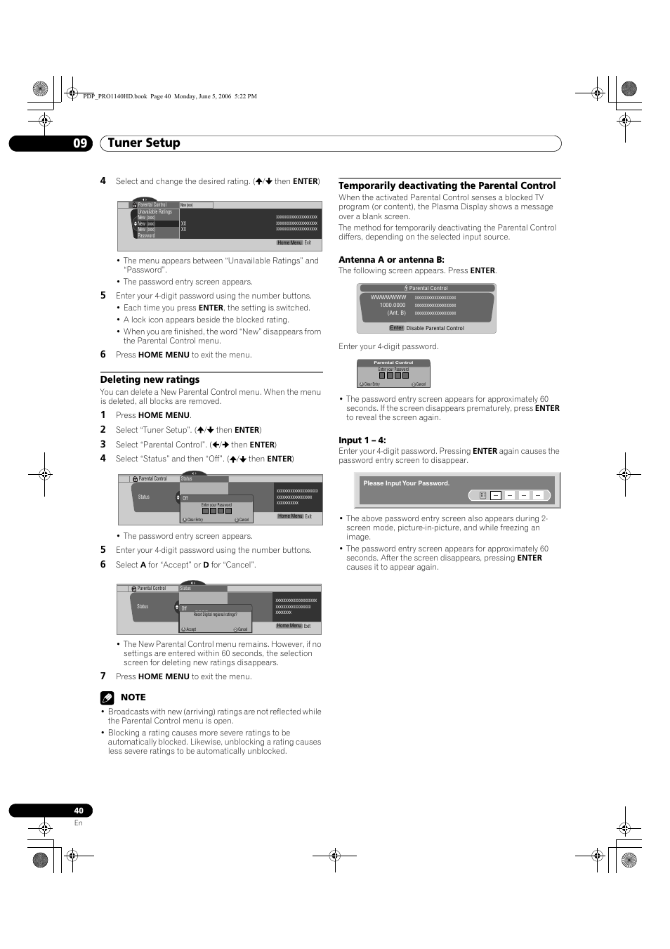 Tuner setup 09, Deleting new ratings, Temporarily deactivating the parental control | Antenna a or antenna b, Input 1 – 4 | Pioneer Elite PureVision PRO 1140HD User Manual | Page 40 / 118