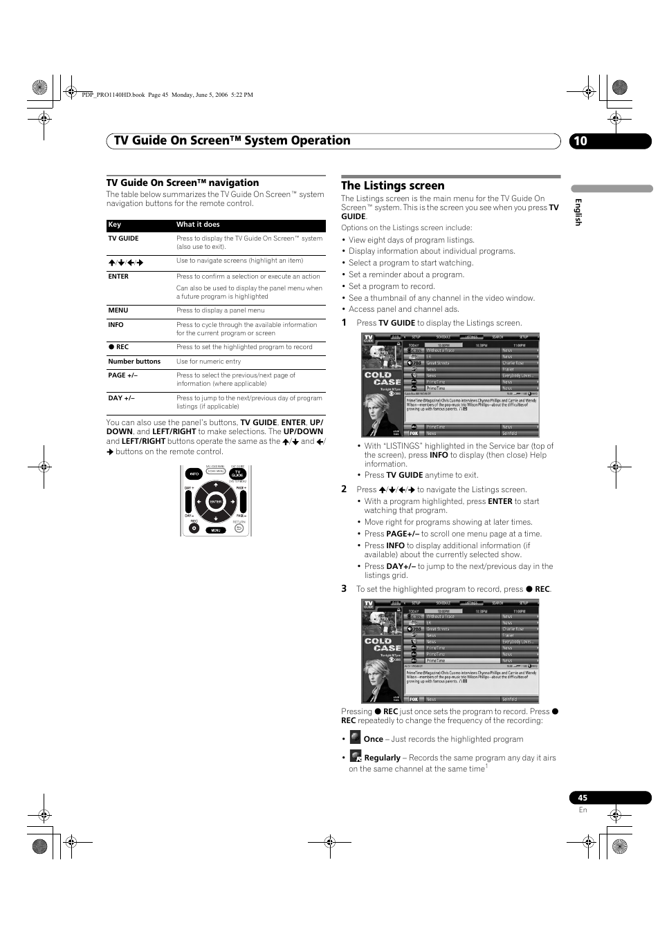 Tv guide on screen™ navigation, The listings screen, Tv guide on screen™ system operation 10 | Pioneer Elite PureVision PRO 1140HD User Manual | Page 45 / 118