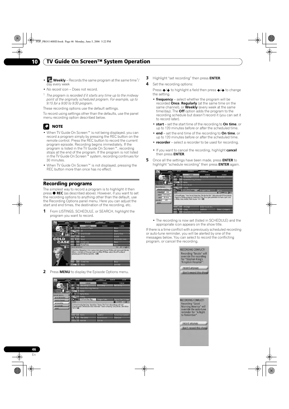 Recording programs, Tv guide on screen™ system operation 10 | Pioneer Elite PureVision PRO 1140HD User Manual | Page 46 / 118