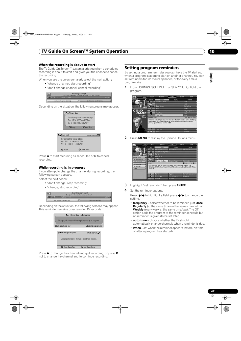 Setting program reminders, Tv guide on screen™ system operation 10, When the recording is about to start | While recording is in progress | Pioneer Elite PureVision PRO 1140HD User Manual | Page 47 / 118