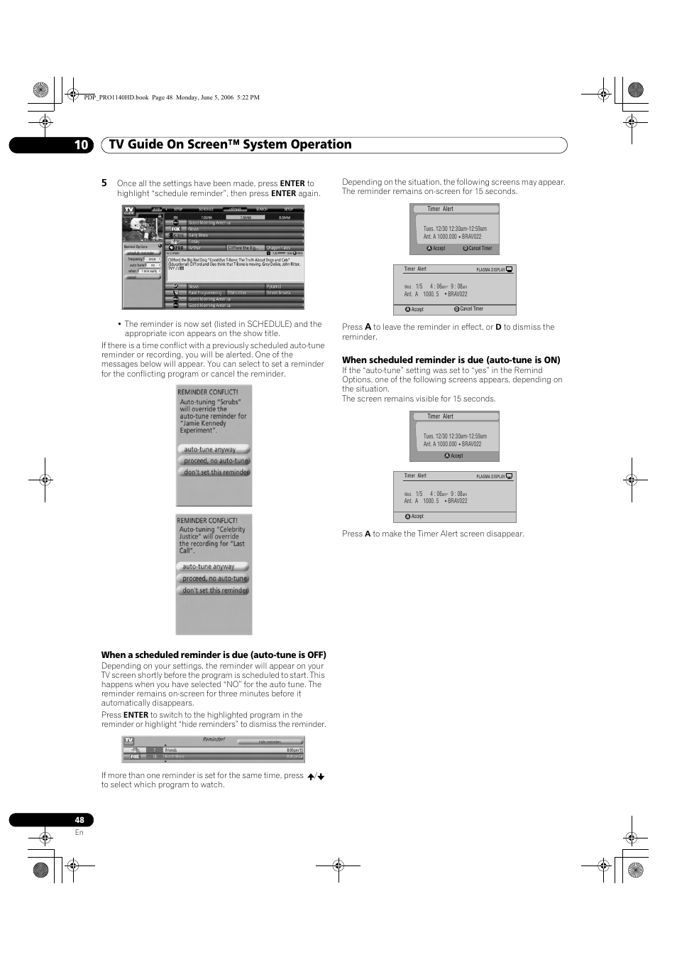 Tv guide on screen™ system operation 10, When scheduled reminder is due (auto-tune is on) | Pioneer Elite PureVision PRO 1140HD User Manual | Page 48 / 118