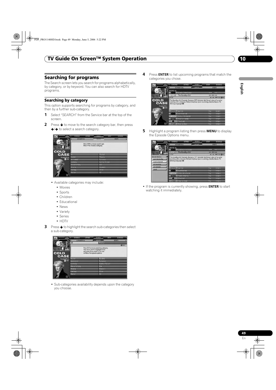 Searching for programs, Searching by category, Tv guide on screen™ system operation 10 | Pioneer Elite PureVision PRO 1140HD User Manual | Page 49 / 118