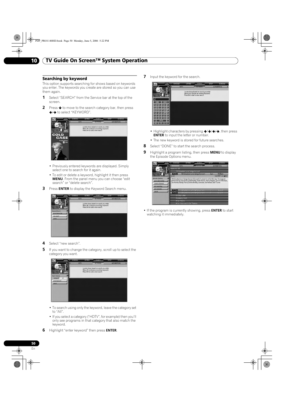 Searching by keyword, Tv guide on screen™ system operation 10 | Pioneer Elite PureVision PRO 1140HD User Manual | Page 50 / 118