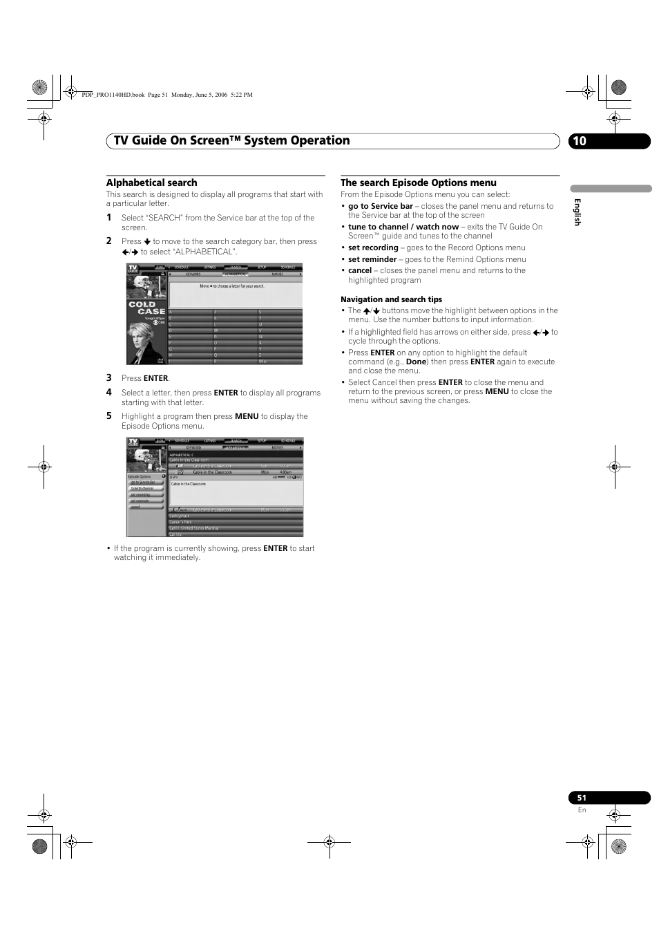 Tv guide on screen™ system operation 10 | Pioneer Elite PureVision PRO 1140HD User Manual | Page 51 / 118