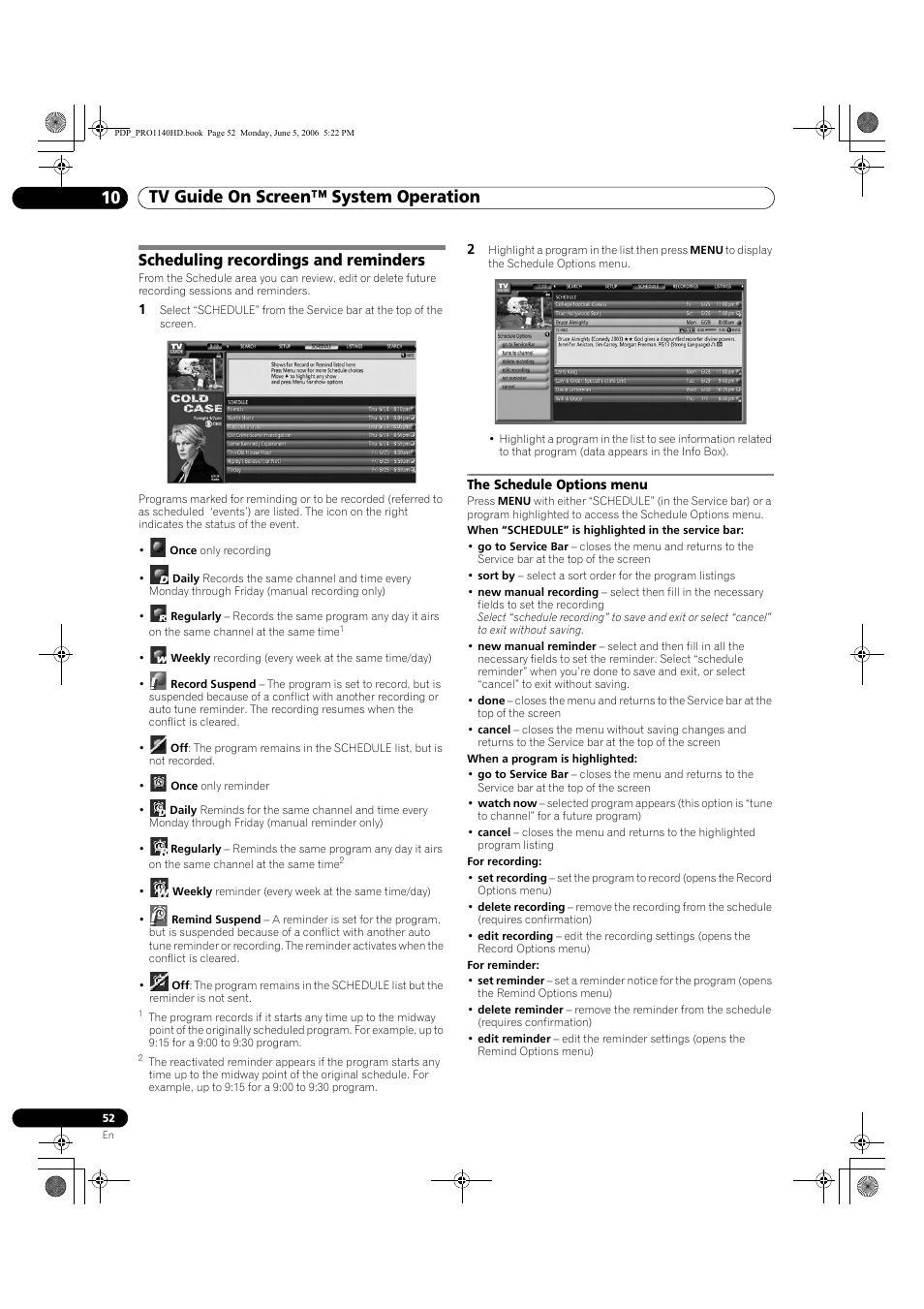 Scheduling recordings and reminders, The schedule options menu, Tv guide on screen™ system operation 10 | Pioneer Elite PureVision PRO 1140HD User Manual | Page 52 / 118