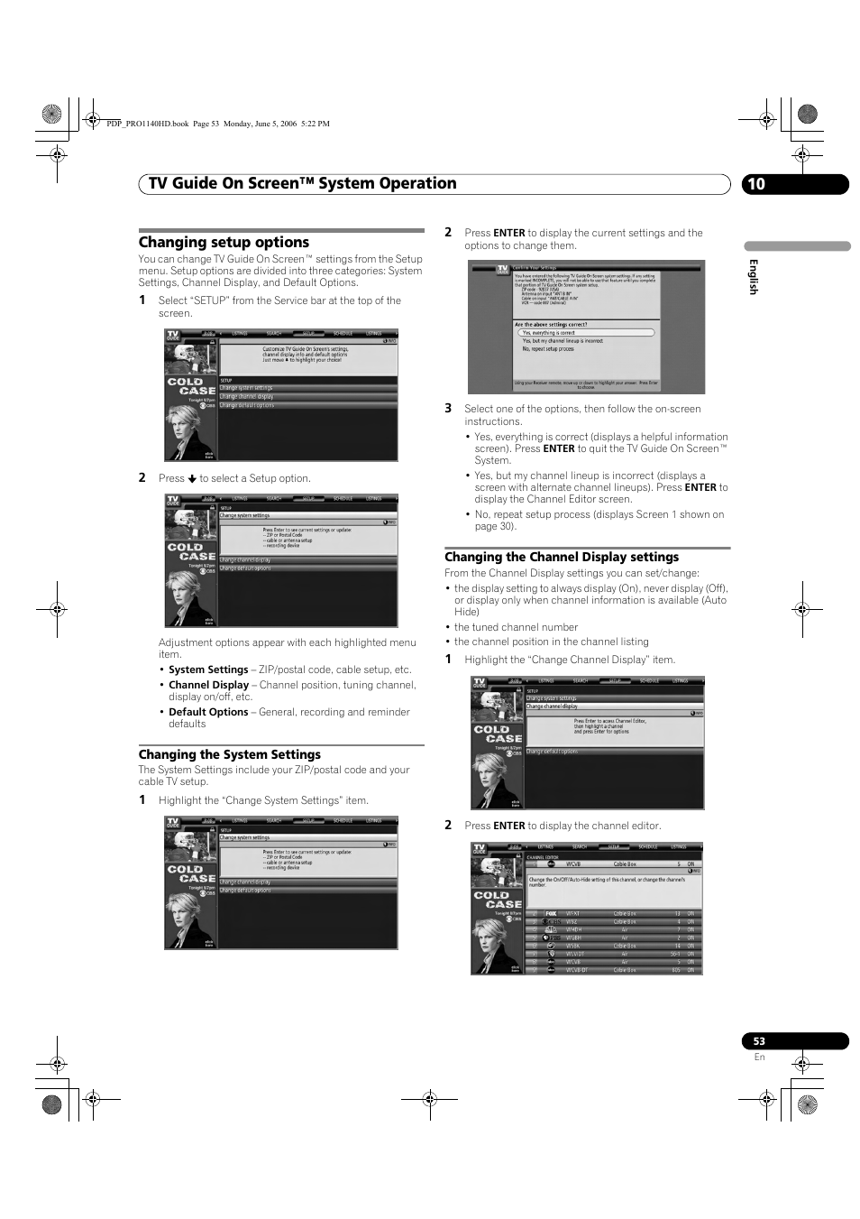 Changing setup options, Tv guide on screen™ system operation 10 | Pioneer Elite PureVision PRO 1140HD User Manual | Page 53 / 118