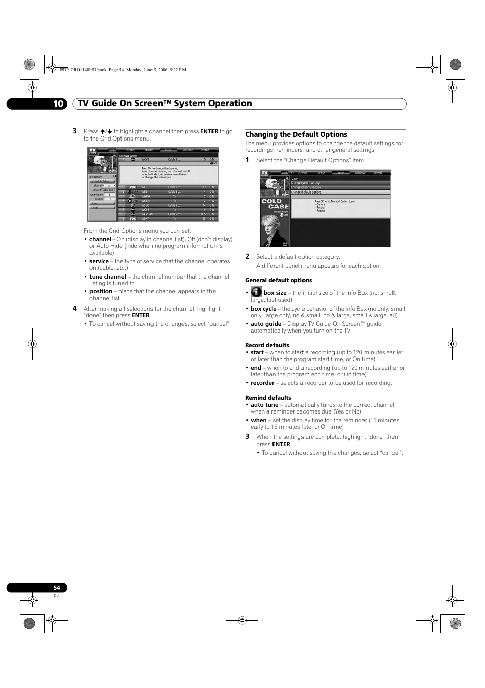 Changing the default options, Tv guide on screen™ system operation 10 | Pioneer Elite PureVision PRO 1140HD User Manual | Page 54 / 118