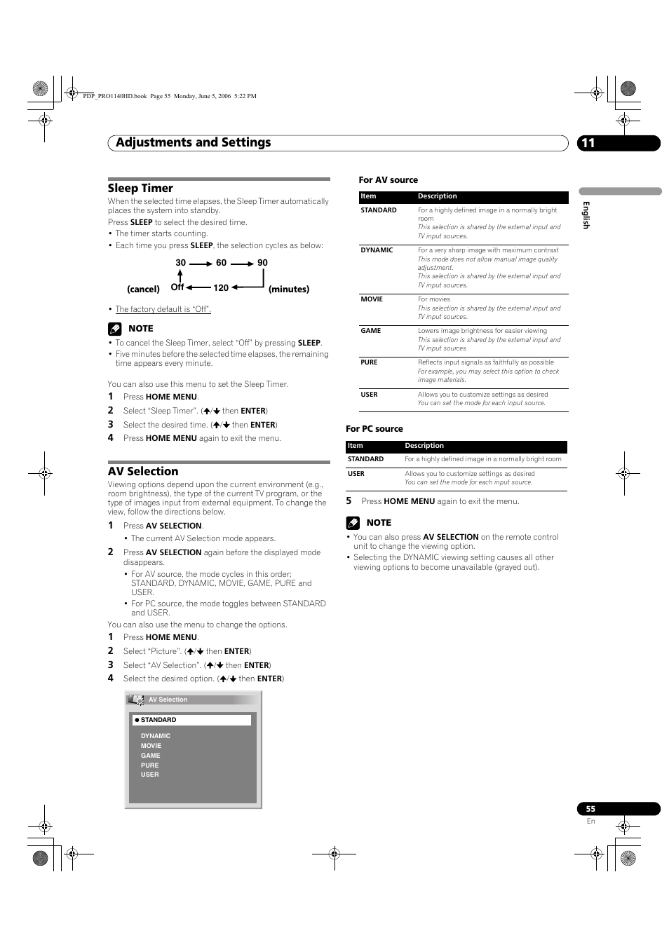 11 adjustments and settings, Sleep timer av selection, Adjustments and settings 11 | Adjustments and settings, Sleep timer, Av selection | Pioneer Elite PureVision PRO 1140HD User Manual | Page 55 / 118