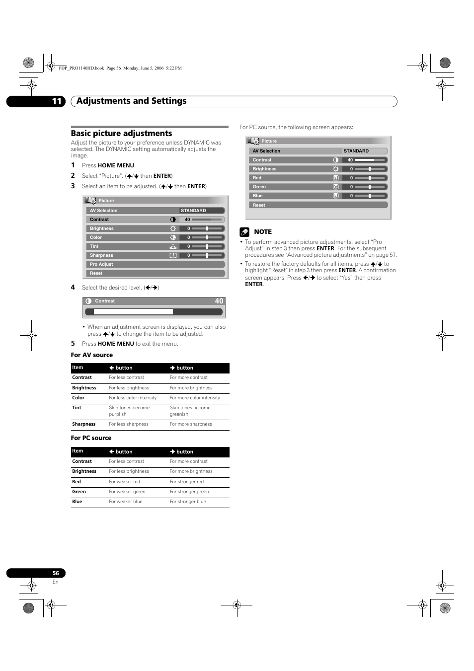 Basic picture adjustments, Adjustments and settings 11 | Pioneer Elite PureVision PRO 1140HD User Manual | Page 56 / 118