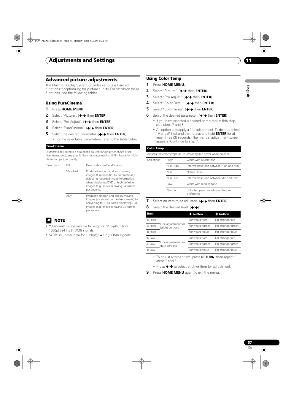 Advanced picture adjustments, Using purecinema using color temp, Adjustments and settings 11 | Pioneer Elite PureVision PRO 1140HD User Manual | Page 57 / 118