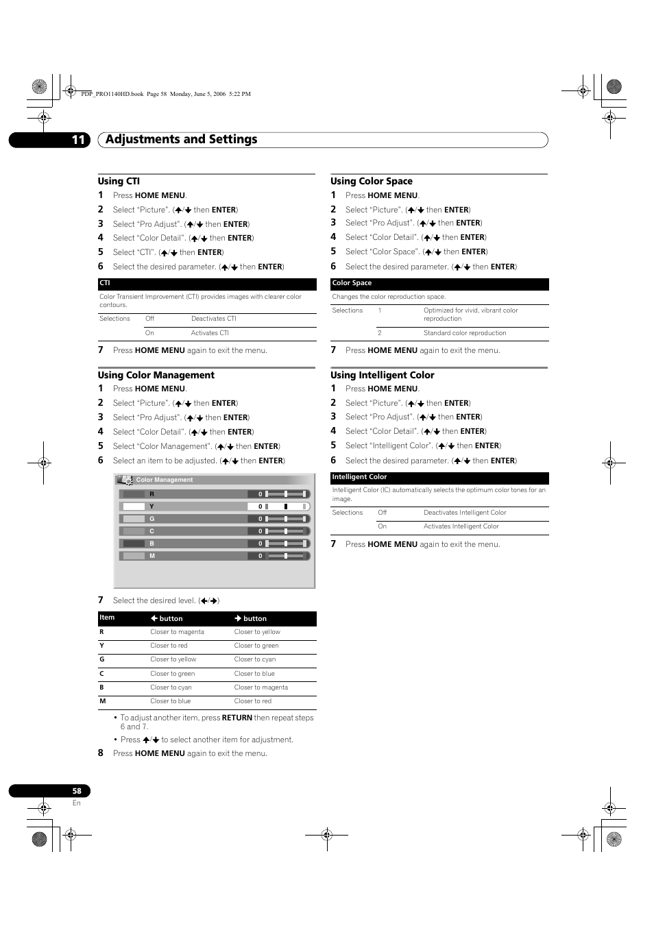 Adjustments and settings 11 | Pioneer Elite PureVision PRO 1140HD User Manual | Page 58 / 118