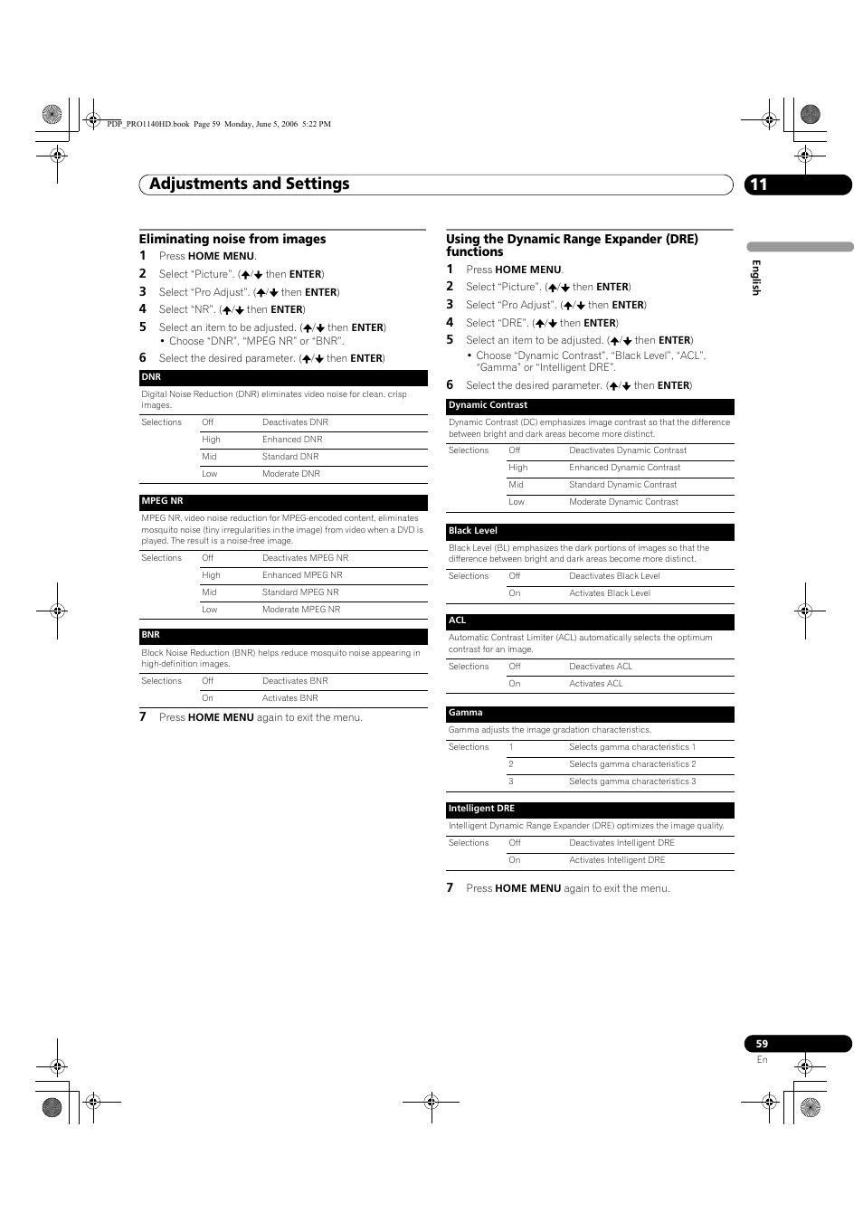 Adjustments and settings 11, Eliminating noise from images 1, Using the dynamic range expander (dre) functions 1 | Pioneer Elite PureVision PRO 1140HD User Manual | Page 59 / 118