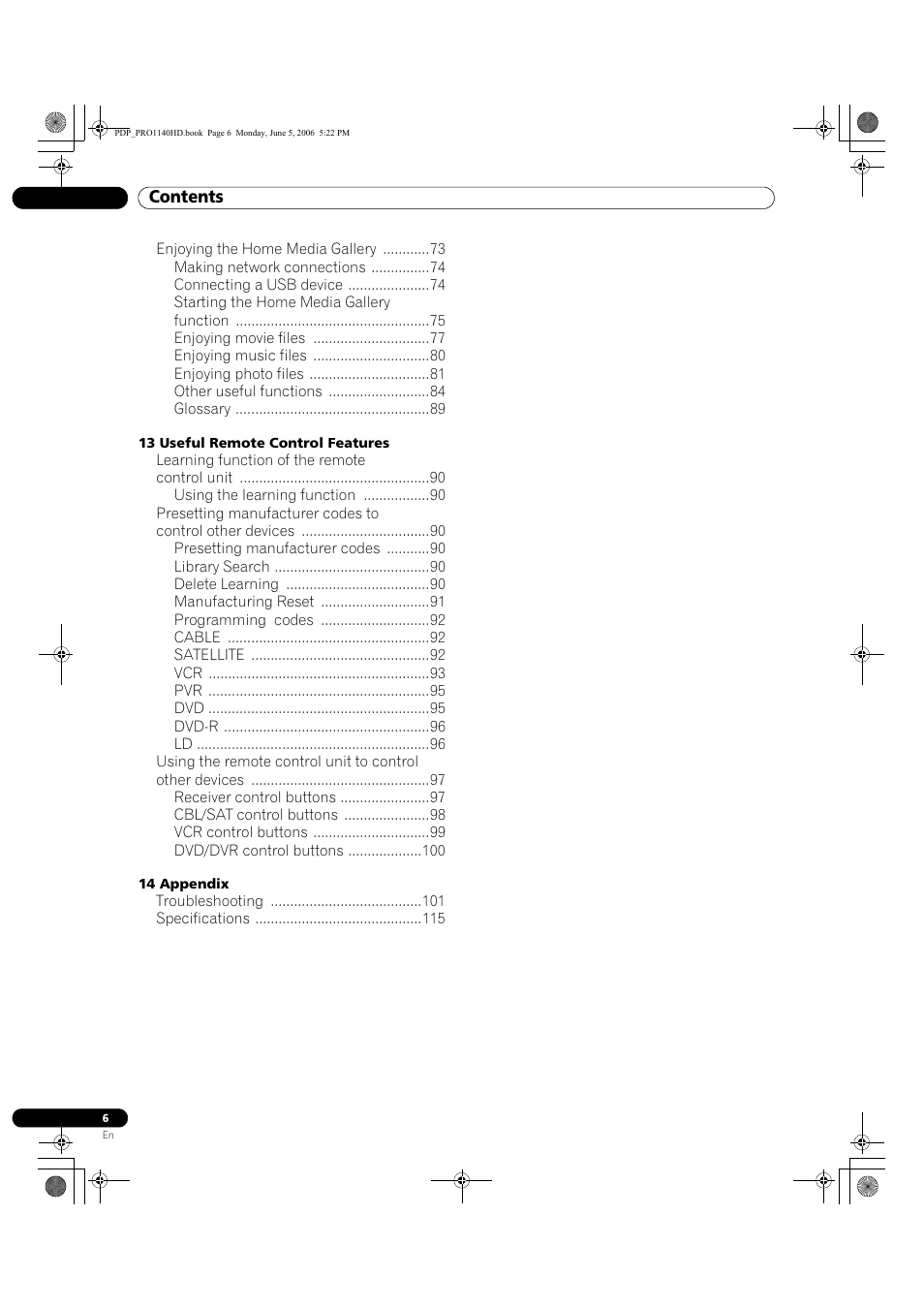 Pioneer Elite PureVision PRO 1140HD User Manual | Page 6 / 118