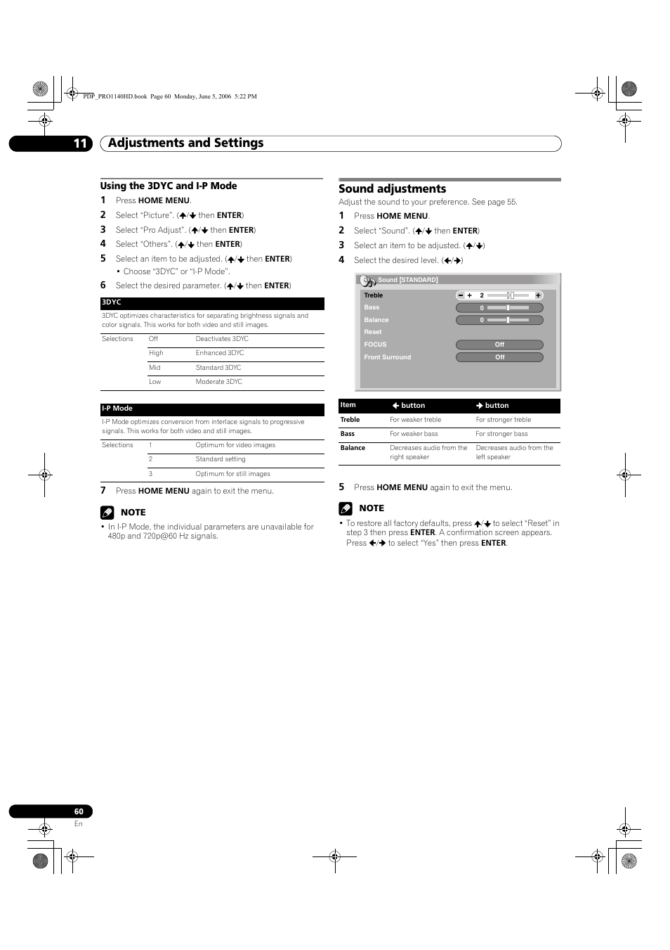 Using the 3dyc and i-p mode, Sound adjustments, Adjustments and settings 11 | Pioneer Elite PureVision PRO 1140HD User Manual | Page 60 / 118