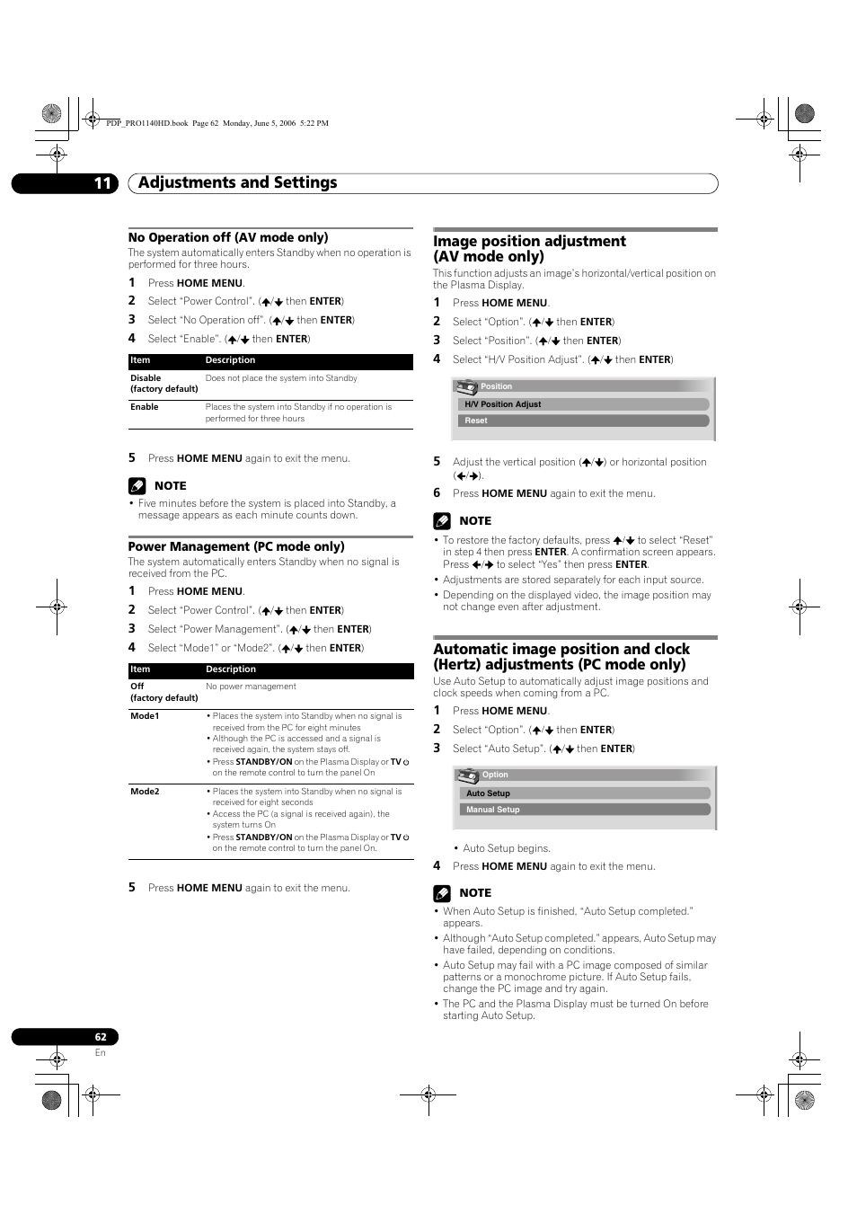 Adjustments and settings 11, Image position adjustment (av mode only) | Pioneer Elite PureVision PRO 1140HD User Manual | Page 62 / 118