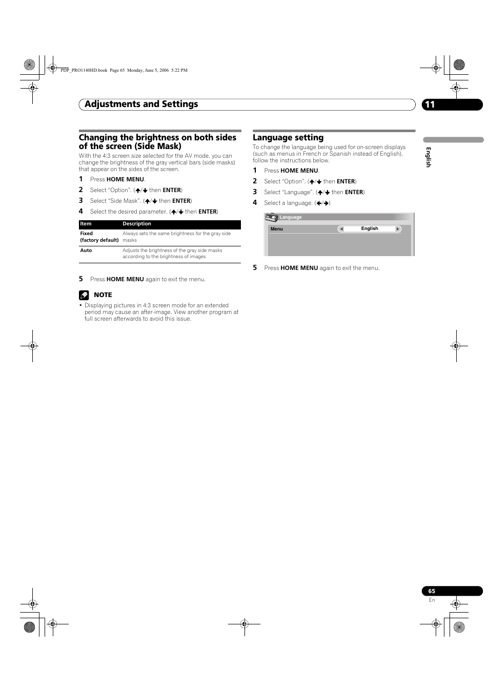 Adjustments and settings 11, Language setting | Pioneer Elite PureVision PRO 1140HD User Manual | Page 65 / 118