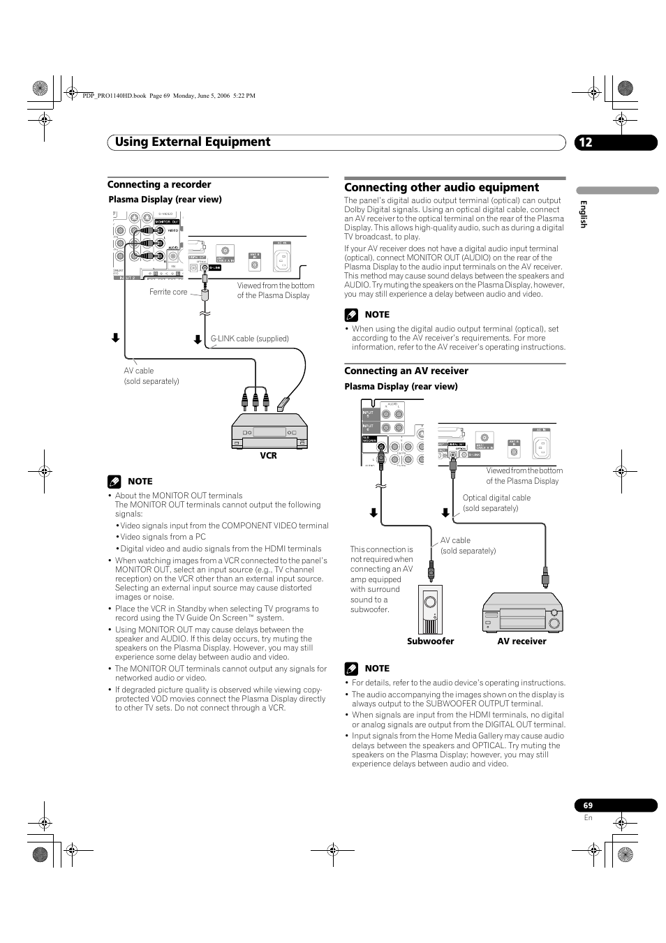 Connecting a recorder, Connecting other audio equipment, Connecting an av receiver | Using external equipment 12 | Pioneer Elite PureVision PRO 1140HD User Manual | Page 69 / 118