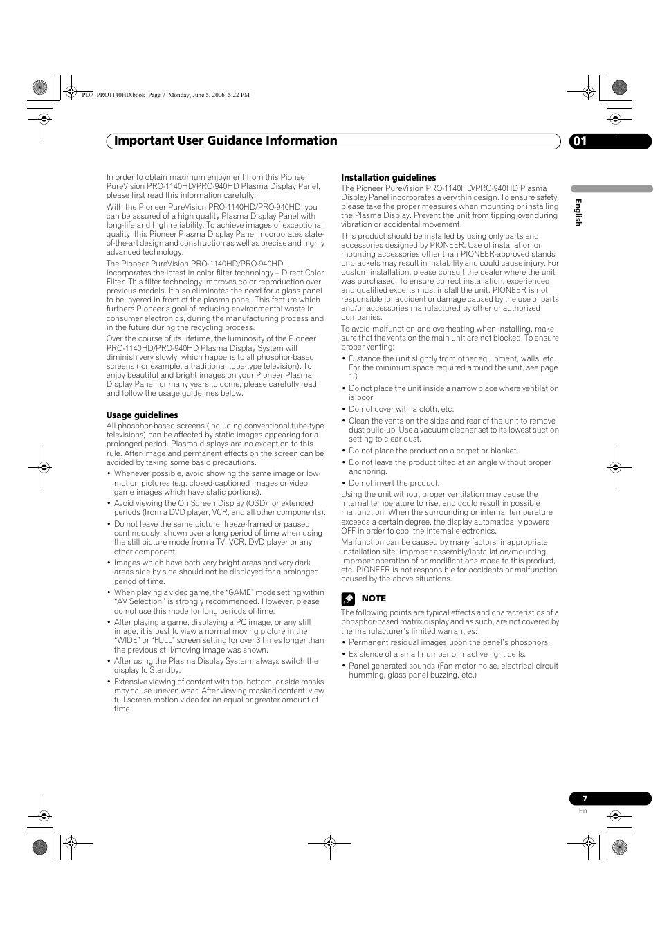 01 important user guidance information, Important user guidance information 01, Important user guidance information | Pioneer Elite PureVision PRO 1140HD User Manual | Page 7 / 118