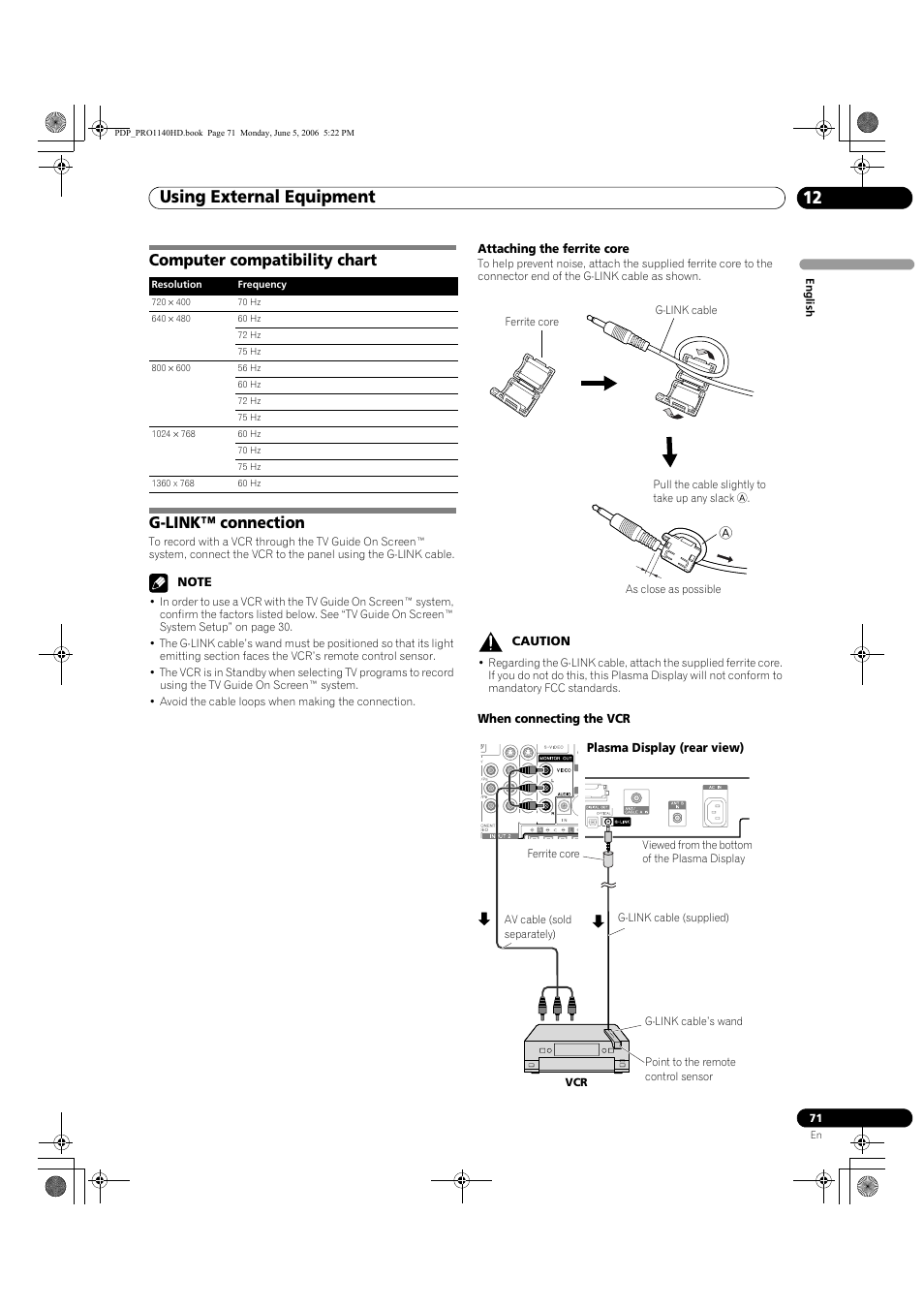 Computer compatibility chart g-link™ connection, Using external equipment 12 | Pioneer Elite PureVision PRO 1140HD User Manual | Page 71 / 118