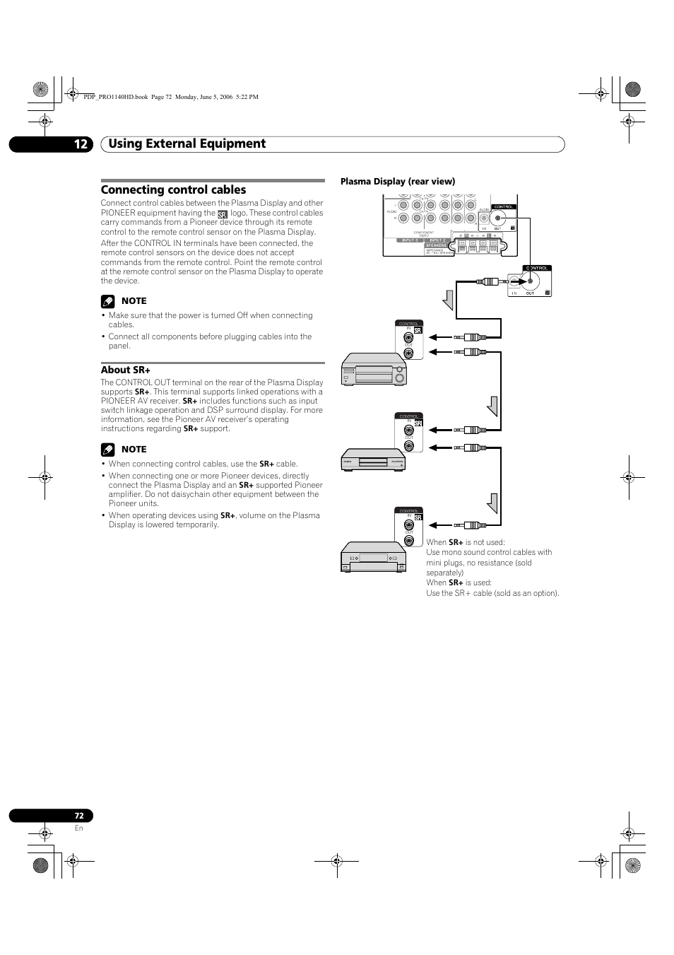 Connecting control cables, About sr, Using external equipment 12 | Pioneer Elite PureVision PRO 1140HD User Manual | Page 72 / 118