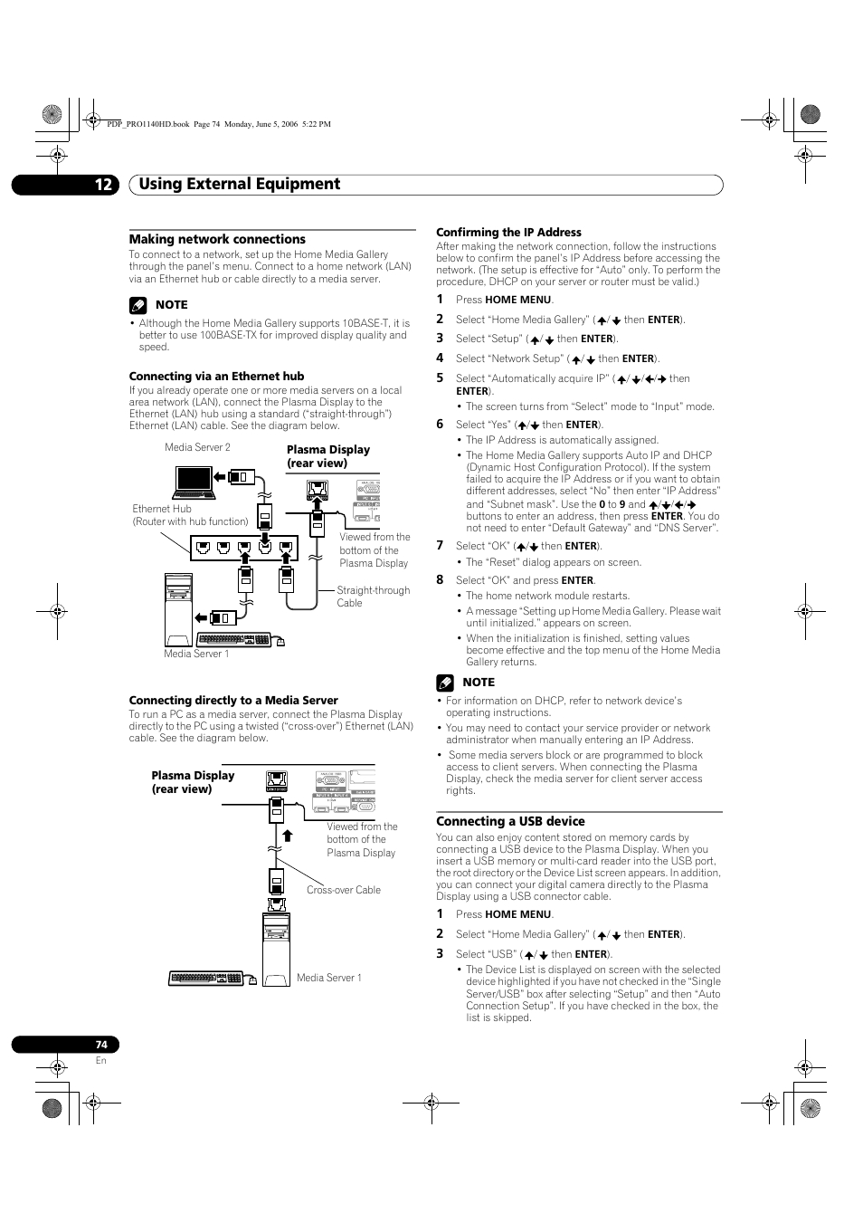 Making network connections connecting a usb device, Using external equipment 12 | Pioneer Elite PureVision PRO 1140HD User Manual | Page 74 / 118