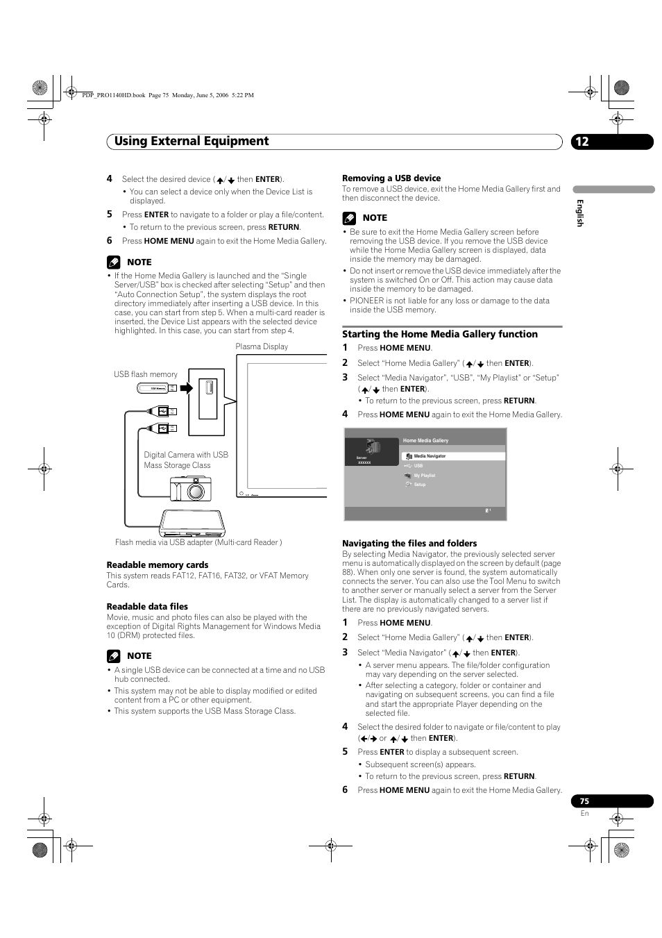 Starting the home media gallery function, Using external equipment 12 | Pioneer Elite PureVision PRO 1140HD User Manual | Page 75 / 118