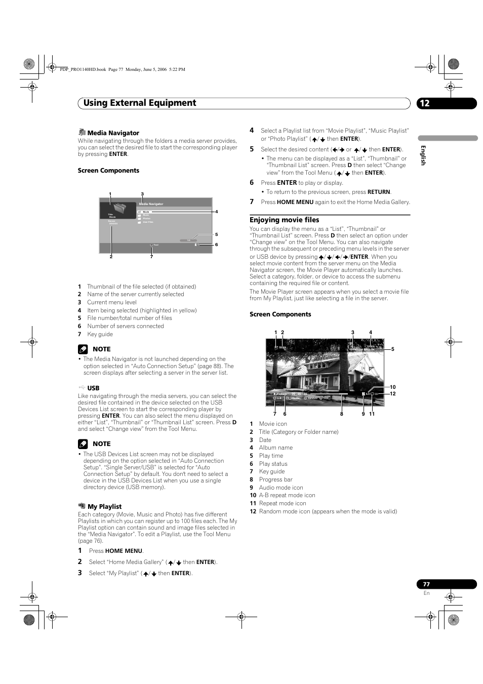 Enjoying movie files, Using external equipment 12 | Pioneer Elite PureVision PRO 1140HD User Manual | Page 77 / 118