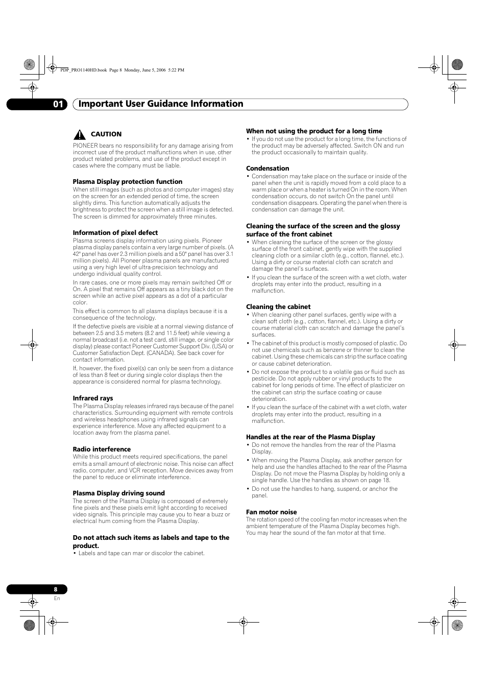 Important user guidance information 01 | Pioneer Elite PureVision PRO 1140HD User Manual | Page 8 / 118