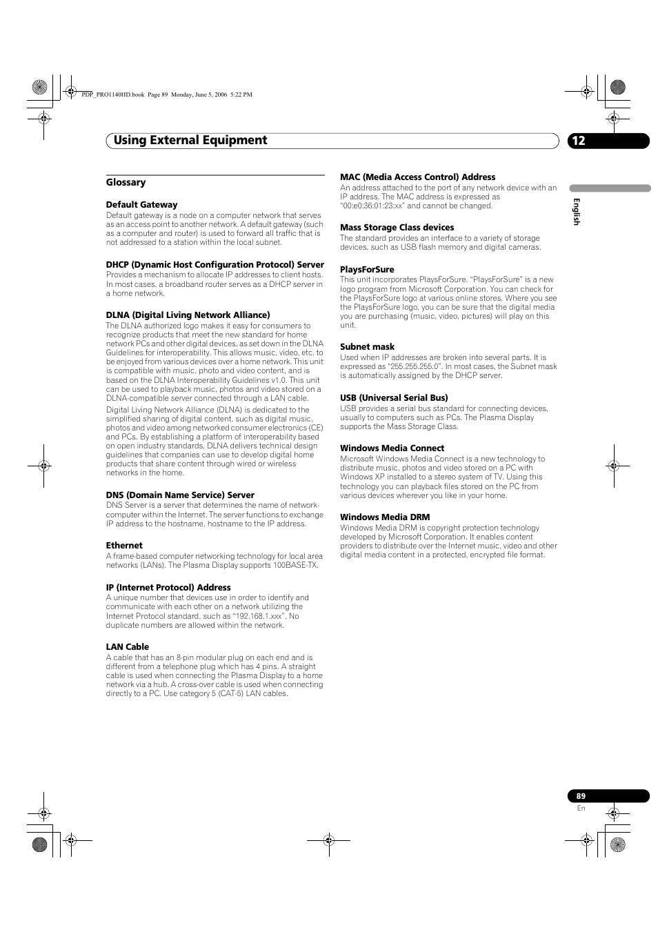 Glossary, Using external equipment 12 | Pioneer Elite PureVision PRO 1140HD User Manual | Page 89 / 118